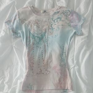 Vintage y2k ONE WORLD Pink And Blue Rhinestone Heart Tee Top Perfect Condition